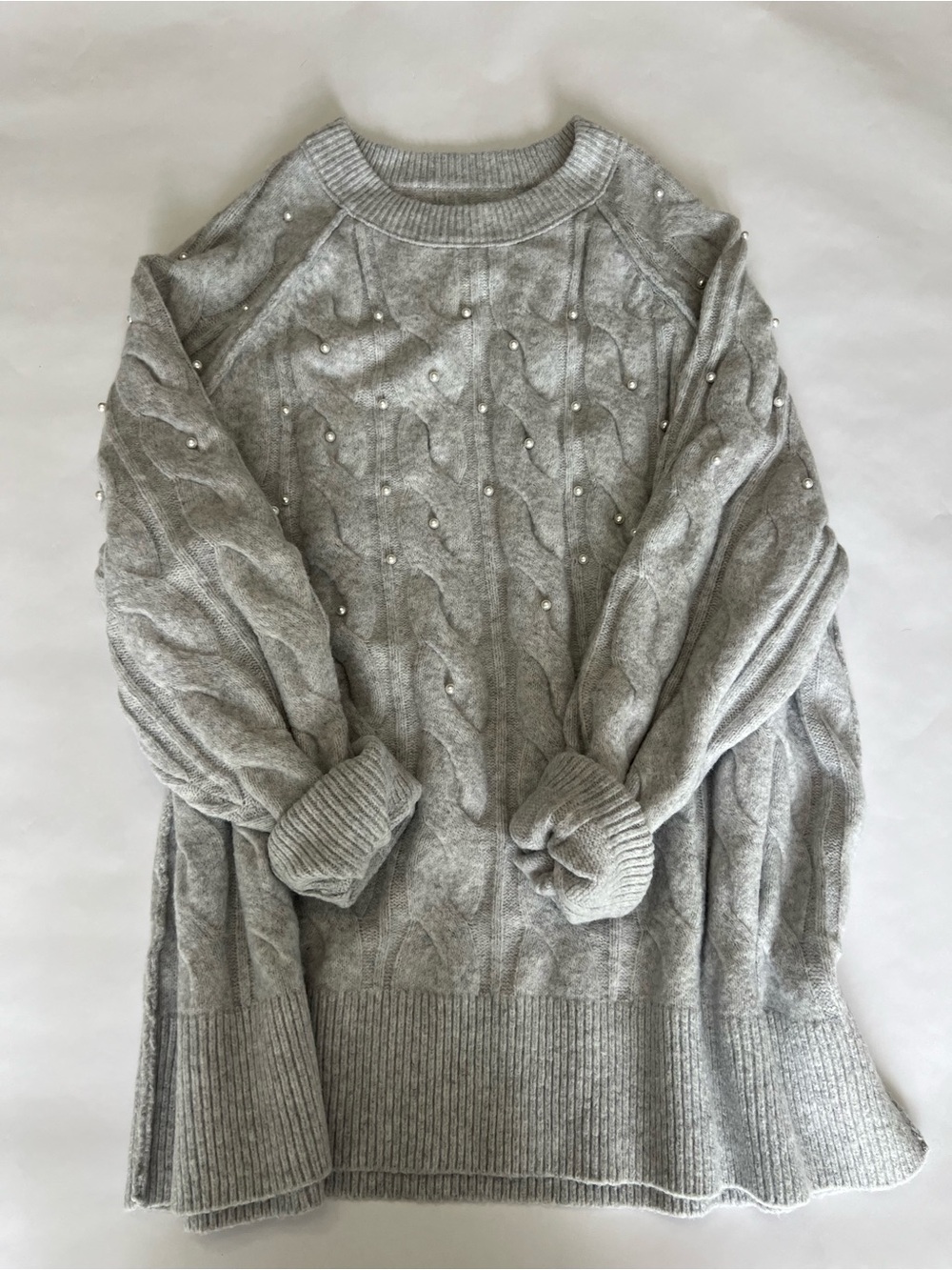 Aerie Light Gray Cable Knit Faux Pearl Beaded Crew Neck Sweater Soft Cozy